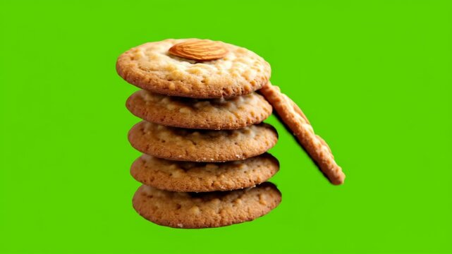 A stack of almond cookies on a green background. The cookies are round and golden brown, with a single almond on top of each.