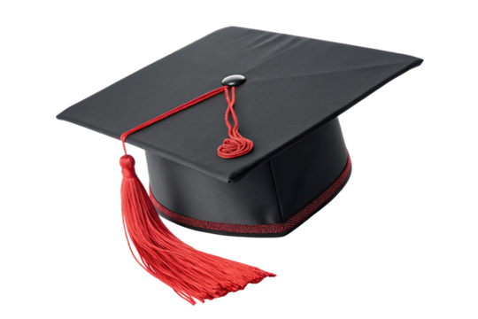 Black graduation mortarboard cap with red tassel isolated on transparent background - Powered by Adobe