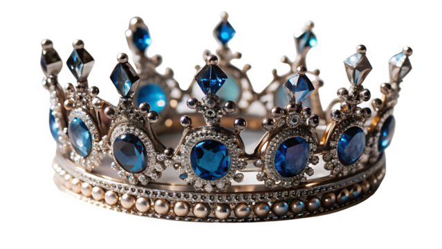 silver crown with blue gems royal luxury isolated on white background, png, ai generated.