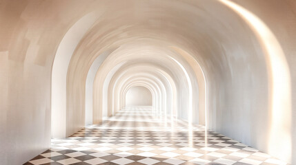 Serene minimalist interior, spacious white arched hall with soft lighting, ideal for peaceful gatherings or creative workshops