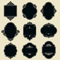 Set of ornate vintage label templates with flourish decorations and elegant border frames.