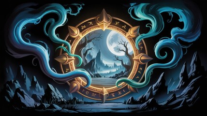Fantasy landscape with moon and mountains seen through a magical portal with swirling blue smoke
