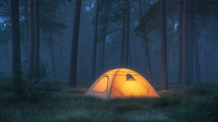 Illuminated tent glows warmly in a dark forest setting with tall trees and misty atmosphere at night