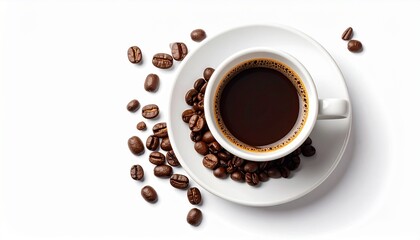 Cup of Black Coffee with Roasted Beans on White Background