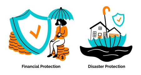 Cartoon Color Insurance Service Scenes Concept Set Financial and Disaster Protection Flat Design Style. Vector illustration
