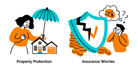 Cartoon Color Insurance Service Scenes Concept Set Property Protection and Insurance Worries Flat Design Style. Vector illustration