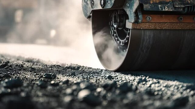 A close-up of a road roller machine pressing fresh asphalt, showing construction detail, surface smoothing, and heavy-duty machinery during roadwork preparation