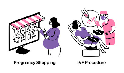 Cartoon Color Pregnancy Scenes Concept Set Shopping and IVF Procedure Flat Design Style with Elements Thin Line. Vector illustration