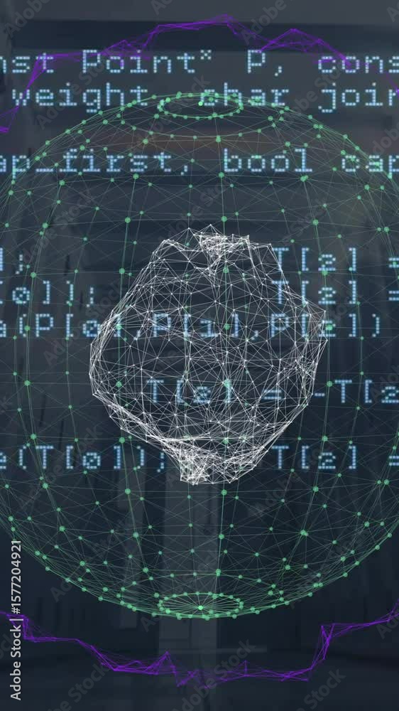 Poster animation of data processing and global network rotating over computer servers