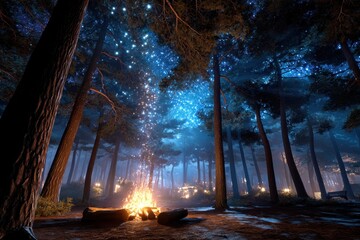Campfire glow illuminates a tranquil forest at night with stars above