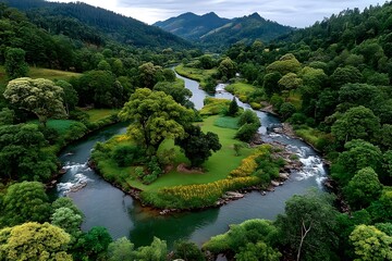 Green island oasis in curved river high resolution wallpaper