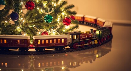 Christmas Train Set Under Illuminated Tree: Festive Holiday Scene