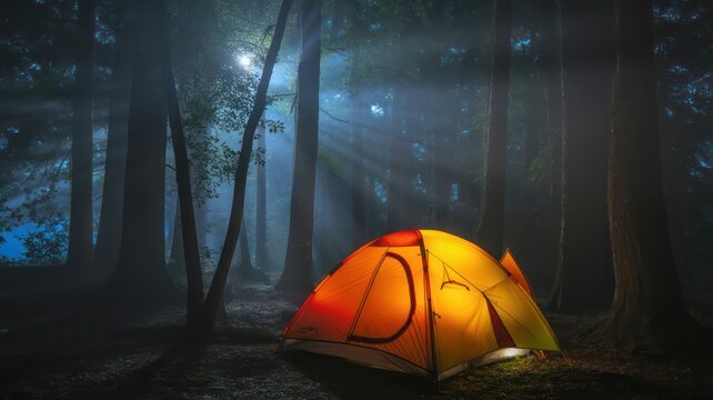 Illuminated tent glows in the dark forest under moonlight casting beams through the trees at night