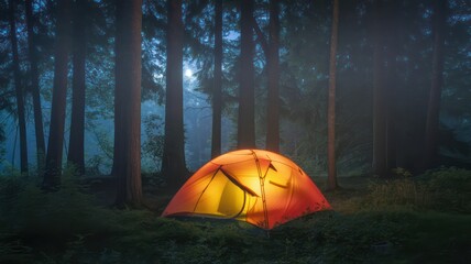 Illuminated tent glows in a dark forest with tall trees creating a serene camping atmosphere at night
