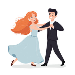 Couple dancing with flowing dress and formal suit. Perfect for wedding celebrations, ballroom events, or romantic dance illustration.