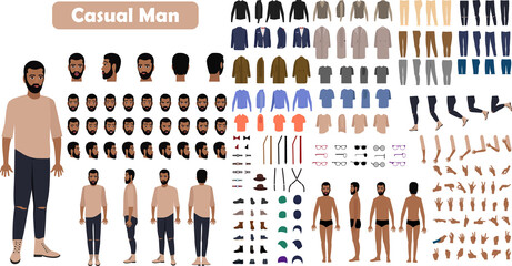 Cartoon male character kit. Man in casual clothing, different hands, legs poses and facial emotion. Young man character creation design for animation cartoon flat design