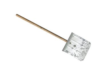 Used silver snow shovel with wooden handle is isolated.