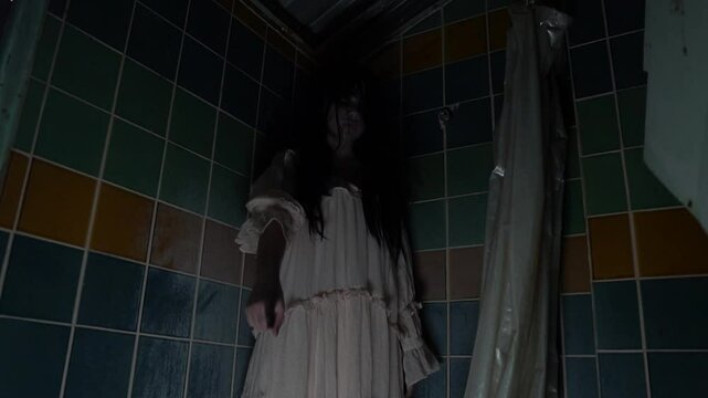 A haunted female ghost with pale face and long dark hair wandering inside an abandoned house, representing a murdered spirit seeking revenge, inspired by horror movies and ghost legends.