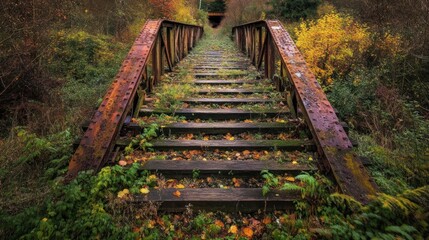 Rusty bridge steps through autumn woods