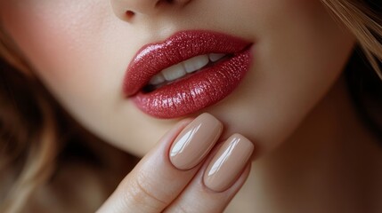 Fototapeta premium A close-up of the lips and nails, showcasing glossy lipstick with soft pink tones on an elegant woman's hand. The focus is on her manicure in light beige, complementing her flawless skin