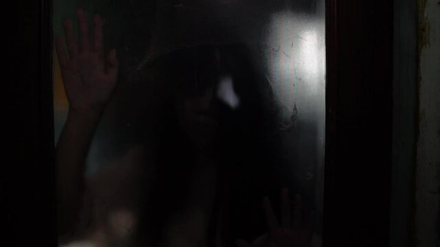 A haunted female ghost with pale face and long dark hair wandering inside an abandoned house, representing a murdered spirit seeking revenge, inspired by horror movies and ghost legends.