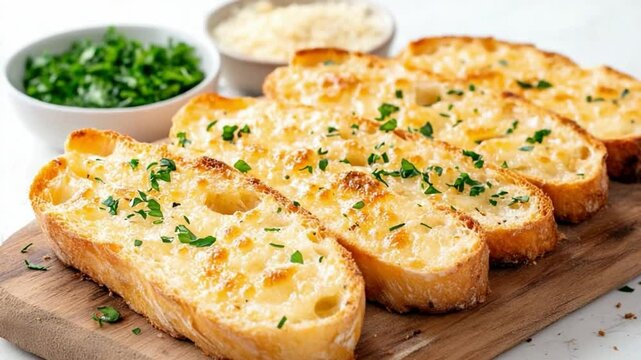 Garlic Bread: Four slices of golden-brown garlic bread, generously topped with melted butter and fresh parsley, sit on a rustic wooden board, ready to be enjoyed.