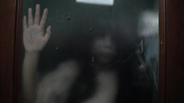 A haunted female ghost with pale face and long dark hair wandering inside an abandoned house, representing a murdered spirit seeking revenge, inspired by horror movies and ghost legends.