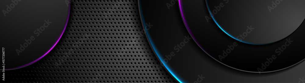 Poster black circles with glowing neon lines on dark perforated background. abstract technology vector bann