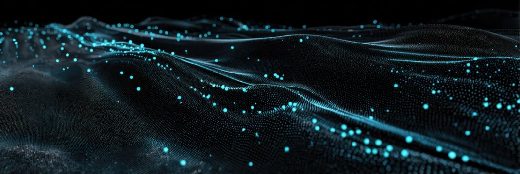 Abstract digital wave of glowing cyan particles on black background