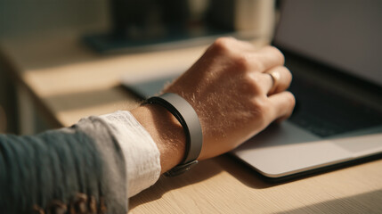 A man is typing on a laptop while wearing a wristwatch