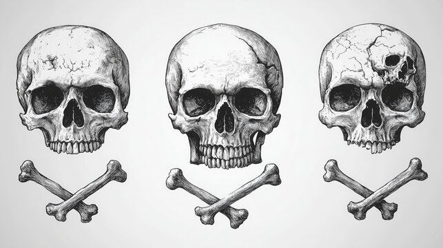 A set of illustrations on a white background, with black ink lines and various skulls with crossbones. The skulls are drawn in an engraving style, showcasing detailed linework
