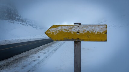 Yellow arrow sign covered in snow pointing left near a road in a snowy and foggy landscape