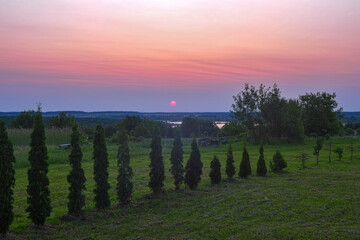 Meadow and trees against the background of the sun rising over the horizon on a summer morning. HDR photo.