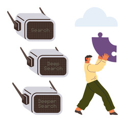 Three search devices represent data levels man hoists puzzle piece towards cloud. Ideal for concepts thumbs up innovation, analysis, AI, problem-solving, teamwork, research, decision-making simple