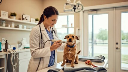 Female veterinarian examining small dog on table in clinic. Pet health checkup, animal care concept. Vet office interior with medical equipment and shelves - Powered by Adobe