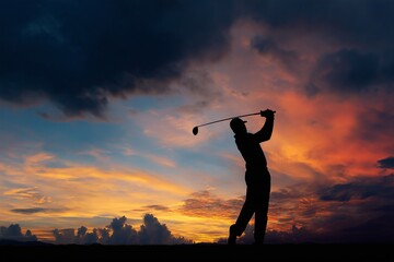 Male golfer  in swing at golden sunset horizon &ndash; generative AI