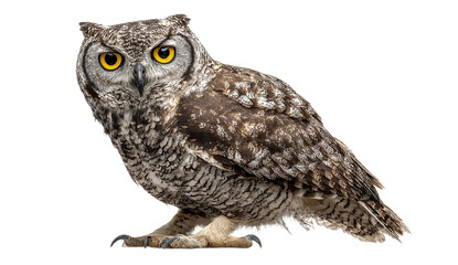 A detailed portrait of an owl with striking yellow eyes against a transparent background