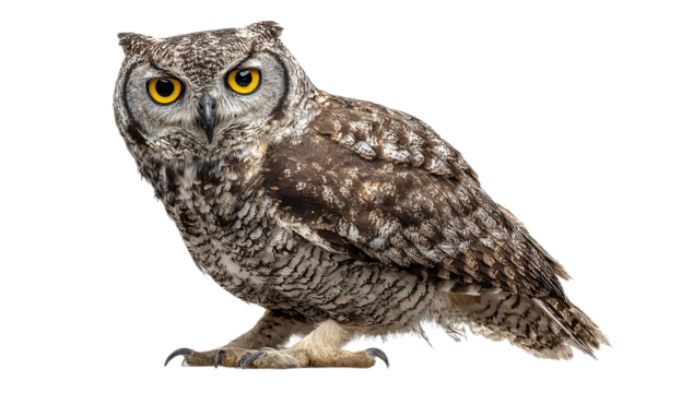 A detailed portrait of an owl with striking yellow eyes against a transparent background