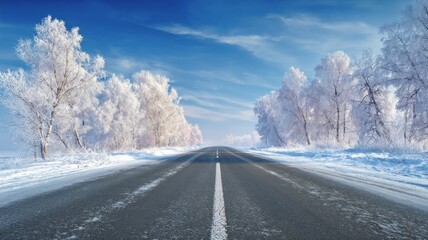 Fototapeta premium Snowy road and frosty trees under clear blue sky. Neural network AI generated