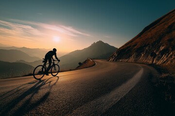 Obraz premium Cyclist climbing winding mountain road at sunrise – generative AI