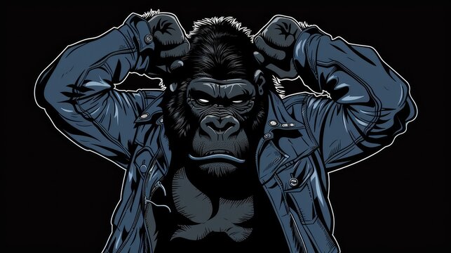 front view black and grey strong gorilla with mean look on his face, lifting hands over his head, wearing navy blue auto mechanic jacket and black muscle shirt