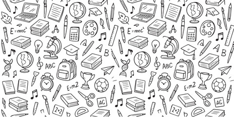 A seamless pattern of school supplies and educational elements
