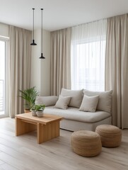 Fototapeta premium Minimalist living room with neutral tones and natural light.