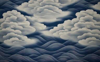 Fototapeta premium Serene Cloudscape An Abstract Watercolor Painting of Clouds and Waves