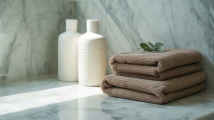 Still life of folded towels with leaf and white bottles on marble surface in soft light