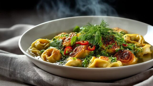 Delicious tortellini soup with fresh herbs and chili peppers, ready to eat.