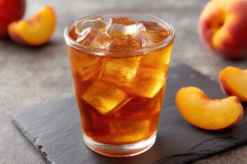 Refreshing glass of iced peach tea with fresh peach slices on slate.