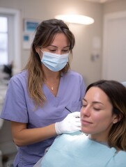 Fototapeta premium Female dentist treating caucasian female patient in modern dental office.