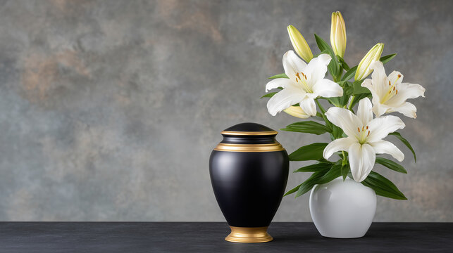 Black urn with gold trim and white lilies in vase against gray background