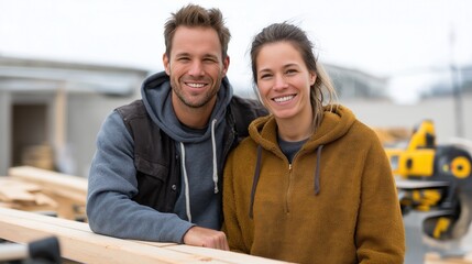 Caucasian male and female adults smiling at construction site.